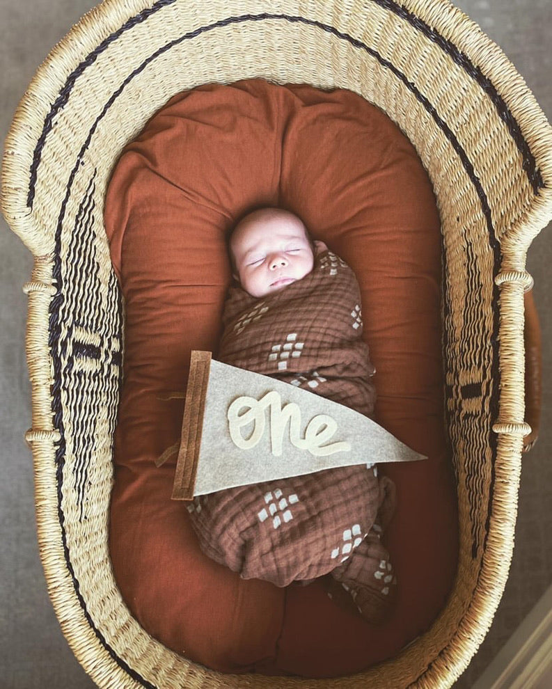 Monthly Milestone Pennant // beige with chestnut, cursive numbers - Eventide Pennant Co.